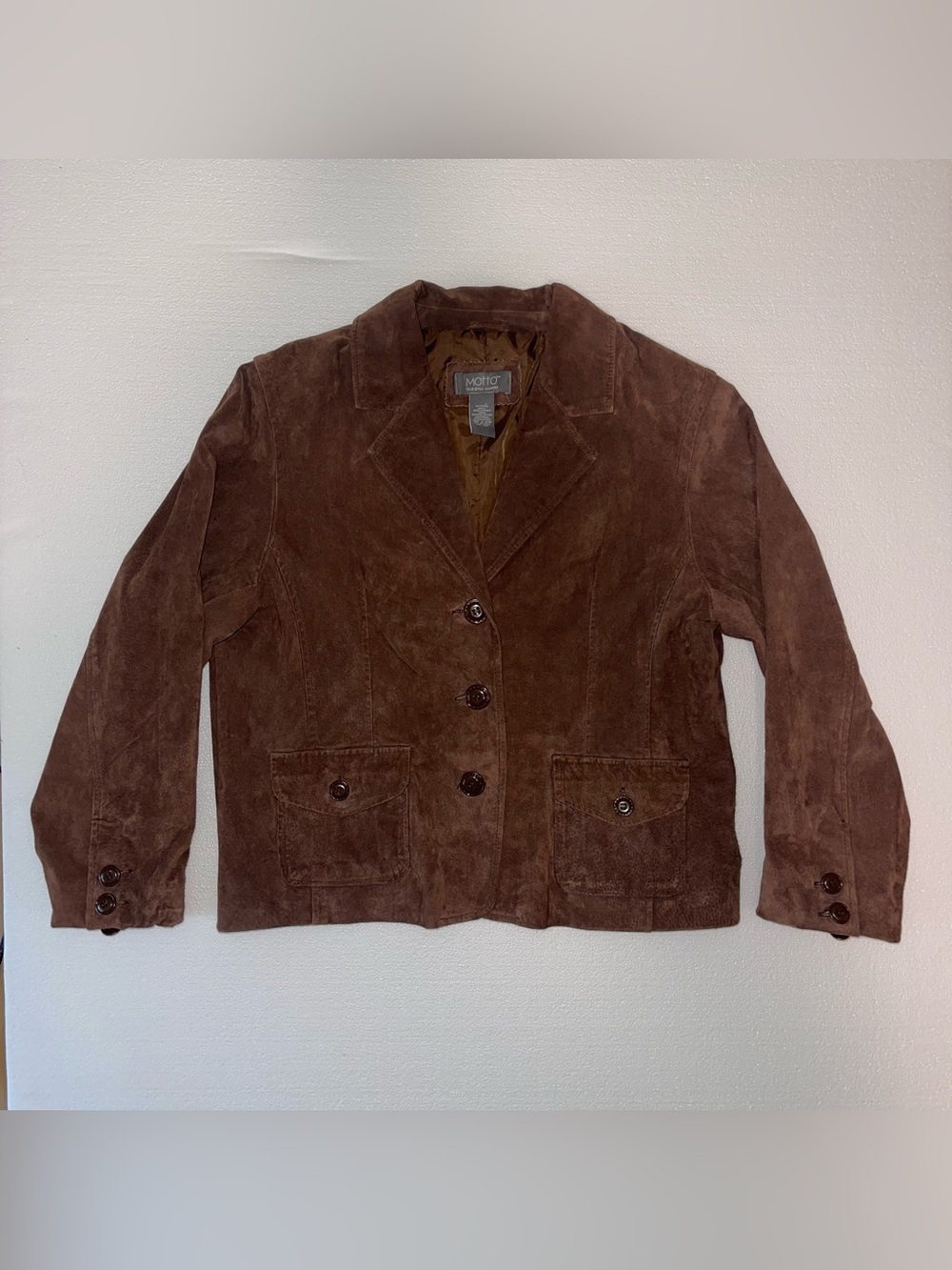 Vintage Motto Your Style Mantra Brown Leather Coat Women’s Size Large Y2K